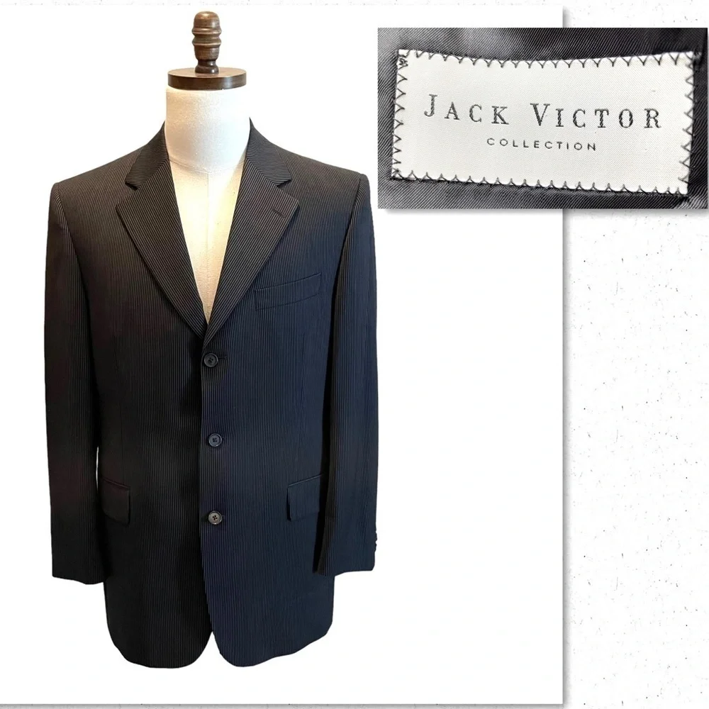 Jack Victor Suit Blazer Jacket Black Pinstripe 40R Wool Super 110 Workwear